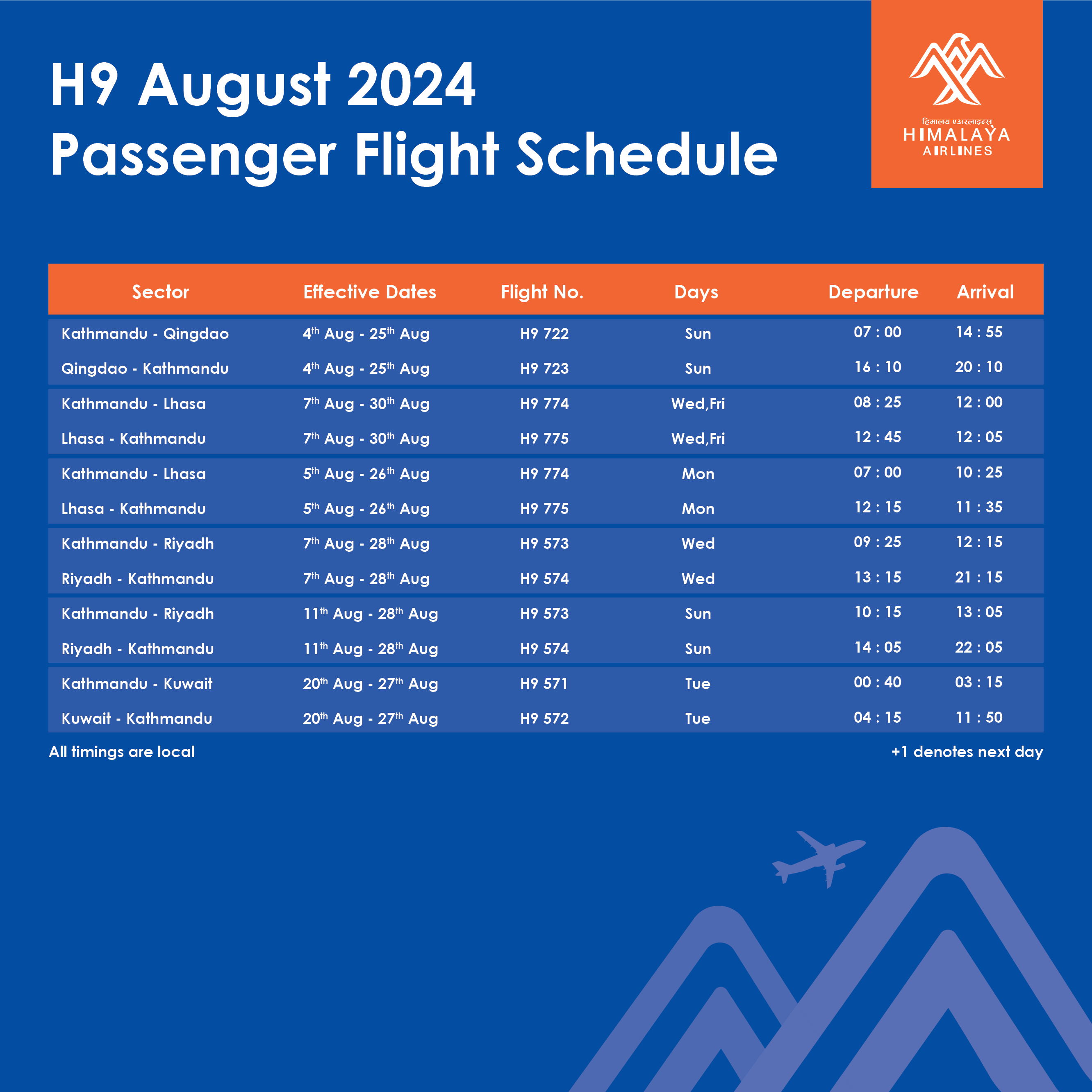 H9 August 2024 Passenger Flight Schedule